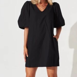 Camilyn Beth NWT SZ 14 the Ann Dress Black Linen V-Neck Puff Sleeve mini‎
